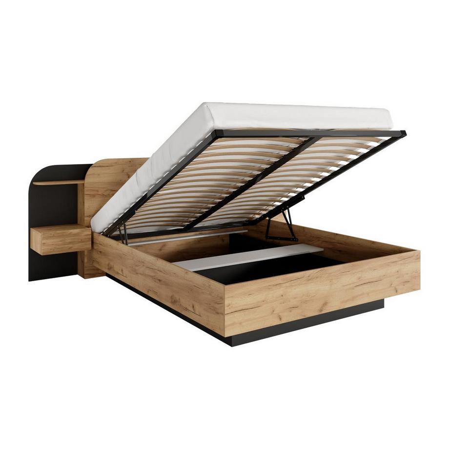 Lit coffre avec chevets 160 x 200 cm - Avec LEDs - Coloris : Naturel et noir - JUVISIA