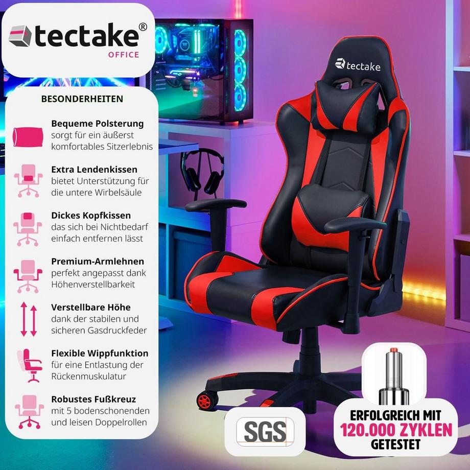 Tectake Sedia da gaming stile racing Twink ergonomica, con schienale regolabile  