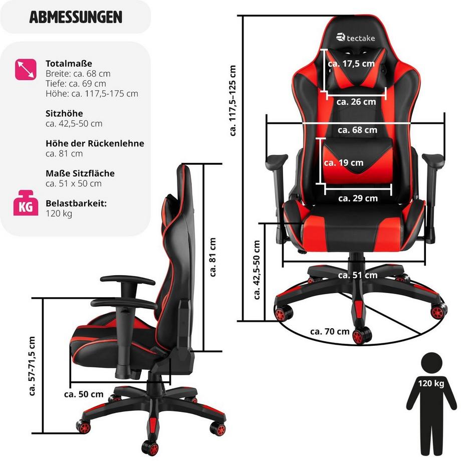 Tectake Sedia da gaming stile racing Twink ergonomica, con schienale regolabile  