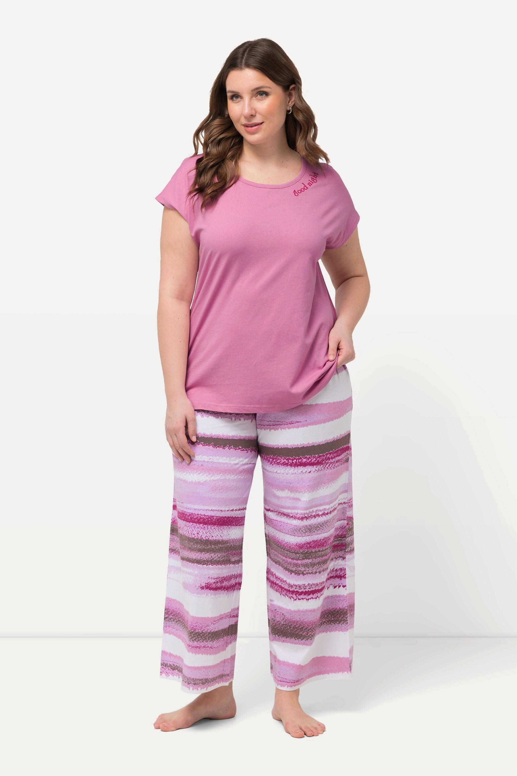 Ulla Popken Pigiama Righe Ricamo Scollo Girocollo Mezze Maniche  