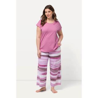 Ulla Popken Pigiama Righe Ricamo Scollo Girocollo Mezze Maniche  