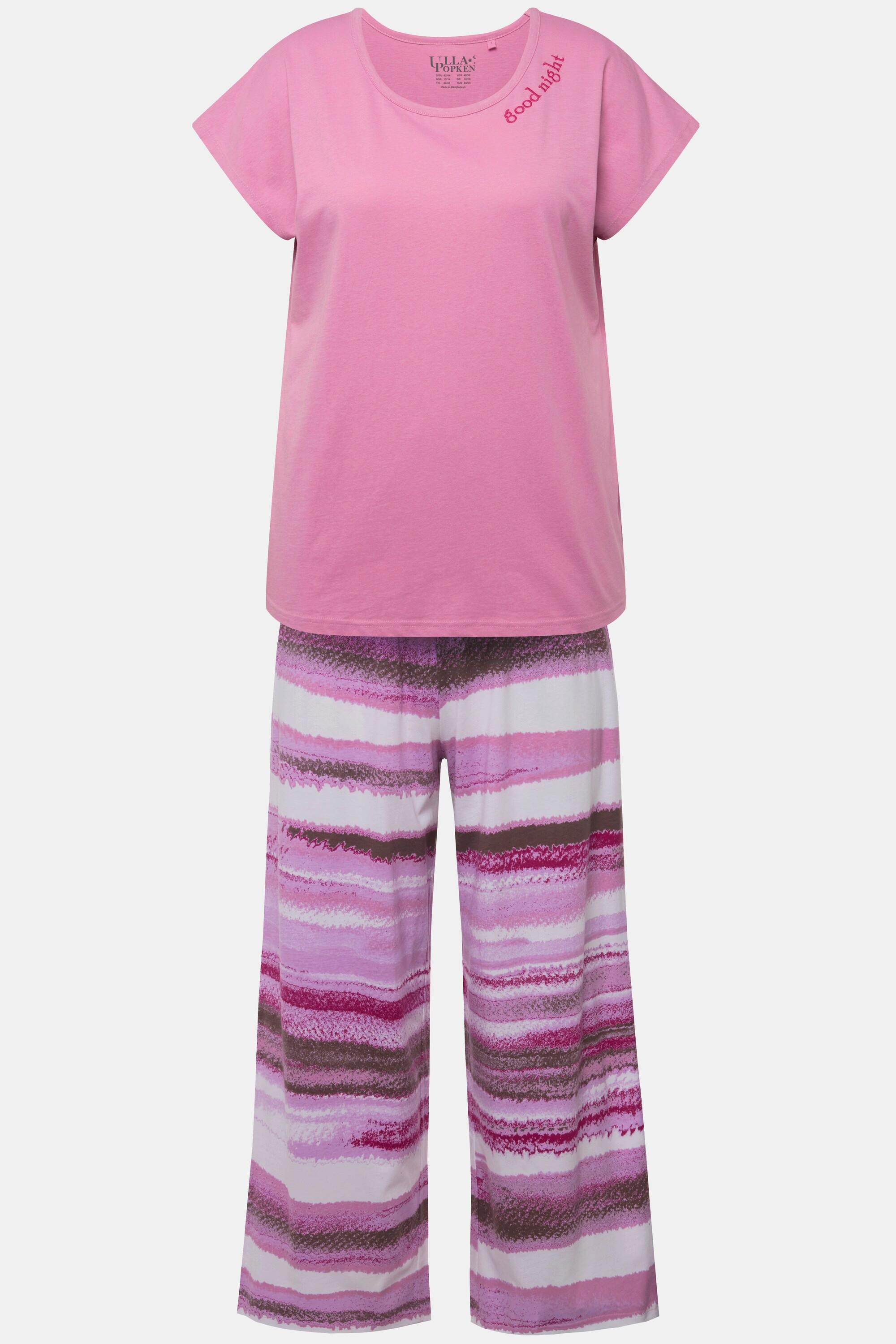 Ulla Popken Pigiama Righe Ricamo Scollo Girocollo Mezze Maniche  