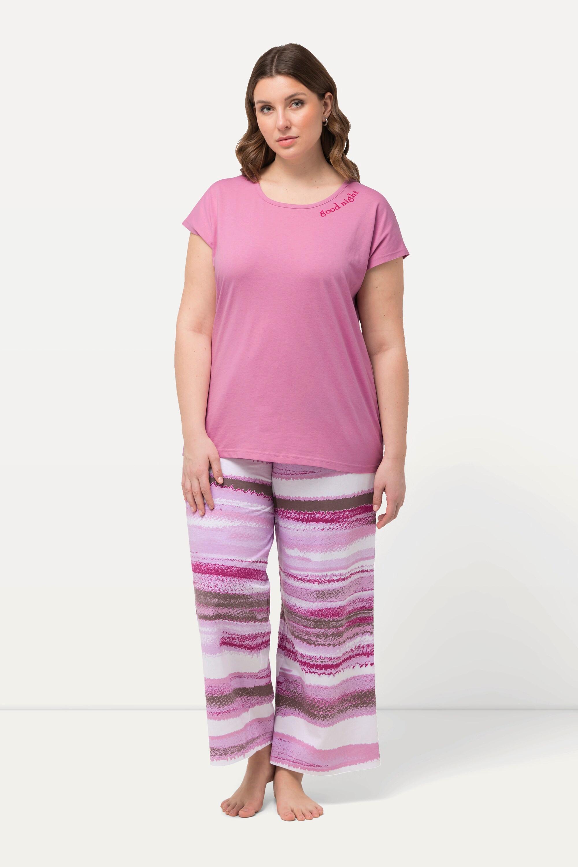 Ulla Popken Pigiama Righe Ricamo Scollo Girocollo Mezze Maniche  