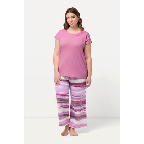 Ulla Popken Pigiama Righe Ricamo Scollo Girocollo Mezze Maniche  