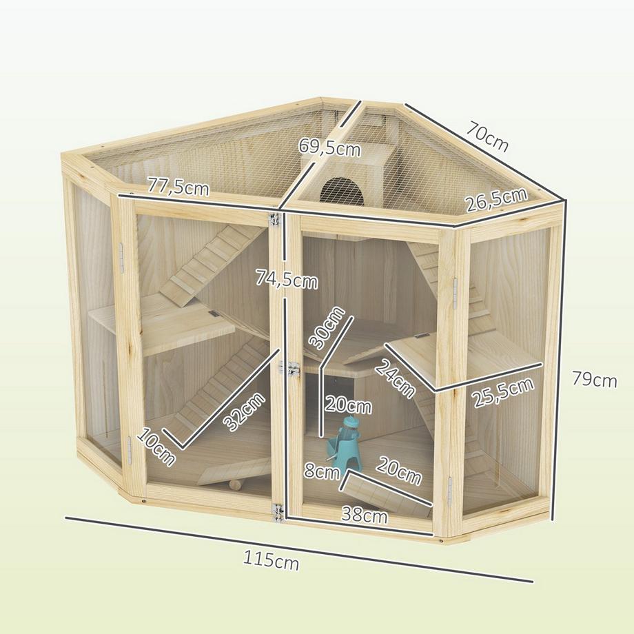 Northio  Hamsterkäfig aus Holz, Kleintierstall mit 4 Ebenen, Fütterungsstation, Wippe, Rampe, Hütten, Meerschweinchenkäfig für Zwerg- und Syrische Hamster, 115 x 69,5 x 79 cm 