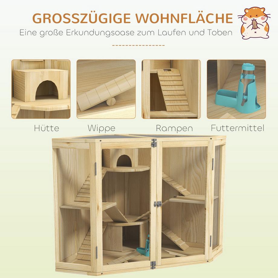 Northio  Hamsterkäfig aus Holz, Kleintierstall mit 4 Ebenen, Fütterungsstation, Wippe, Rampe, Hütten, Meerschweinchenkäfig für Zwerg- und Syrische Hamster, 115 x 69,5 x 79 cm 