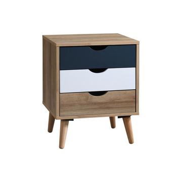Nachttisch mit 3 Schubladen - Holzfarben, Weiß und Blau - LURVIA