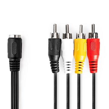 DIN-Audiokabel | DIN 5-Pin Buchse | 4x RCA Stecker | Vernickelt | 0,20 m | Rund | PVC | Schwarz | Etikett