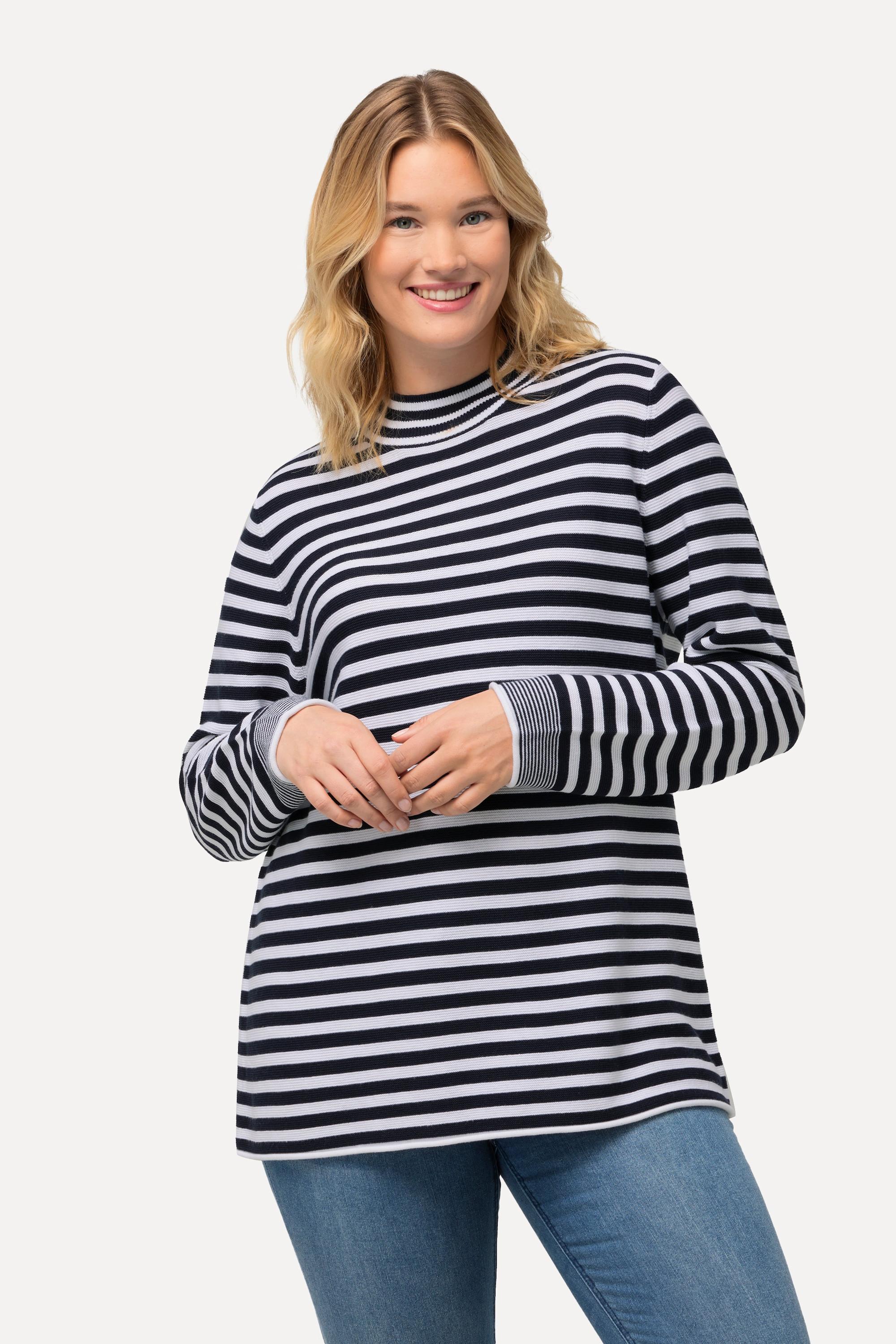 Ulla Popken  Pullover, Ringel, Rollkanten, Stehkragen, Langarm 