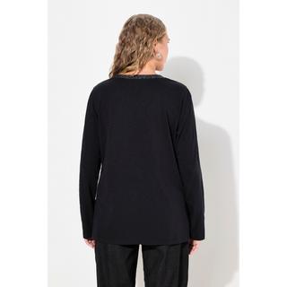 Ulla Popken  T-shirt encolure en V, patte de boutonnage en tissu pailleté, manches longues 