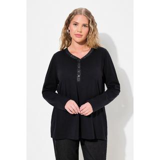 Ulla Popken  T-shirt encolure en V, patte de boutonnage en tissu pailleté, manches longues 