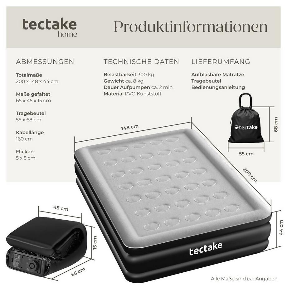 Tectake Aufblasbare Matratze AirDreams für 1 oder 2 Personen mit eingebauter elektrischer Pumpe, selbstaufblasend in 2 Minuten  