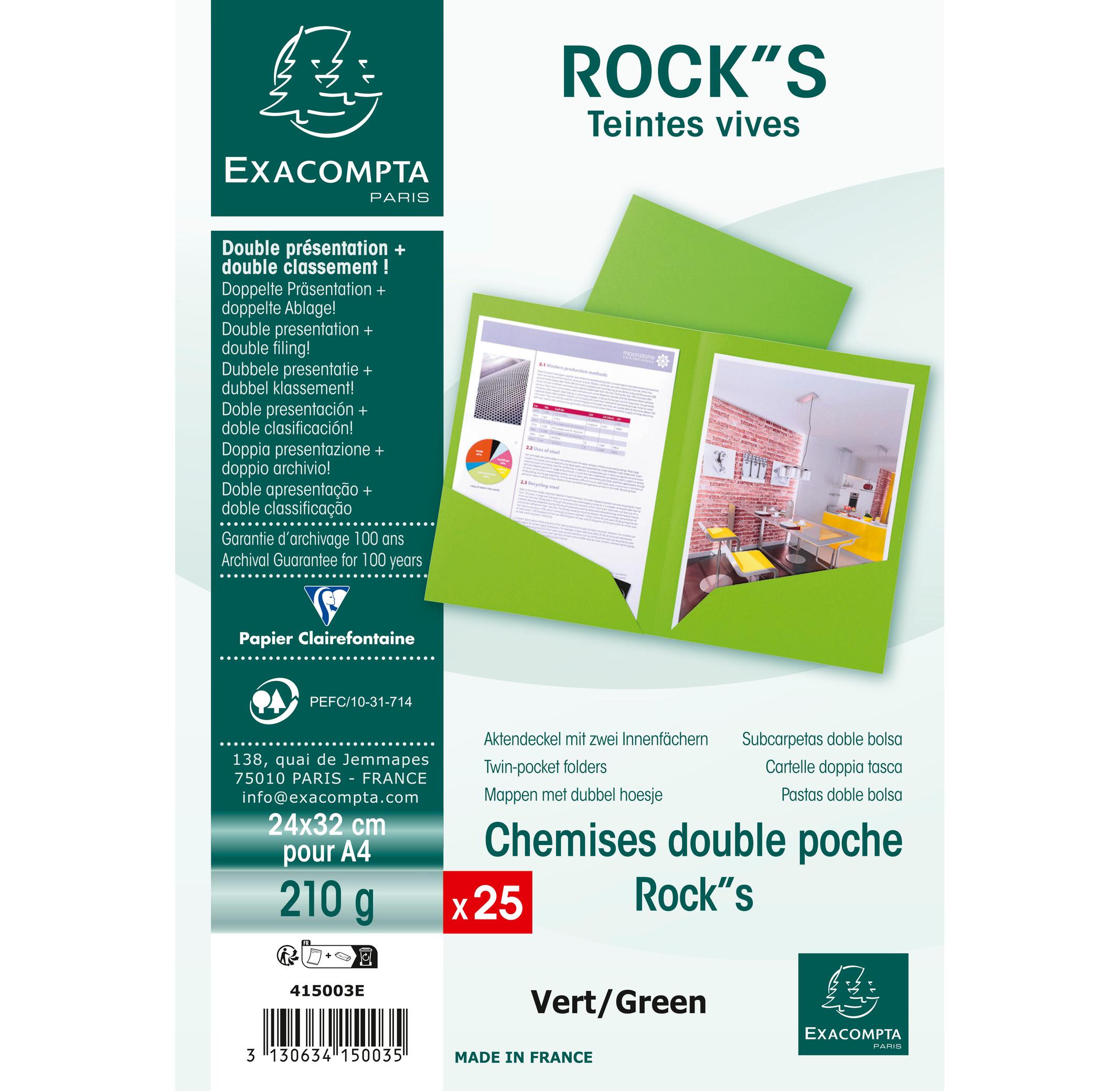 Exacompta Paquet de 25 chemises Double Poche ROCK''S 210 - double A4 ou A3 - 24x32cm - x 10  