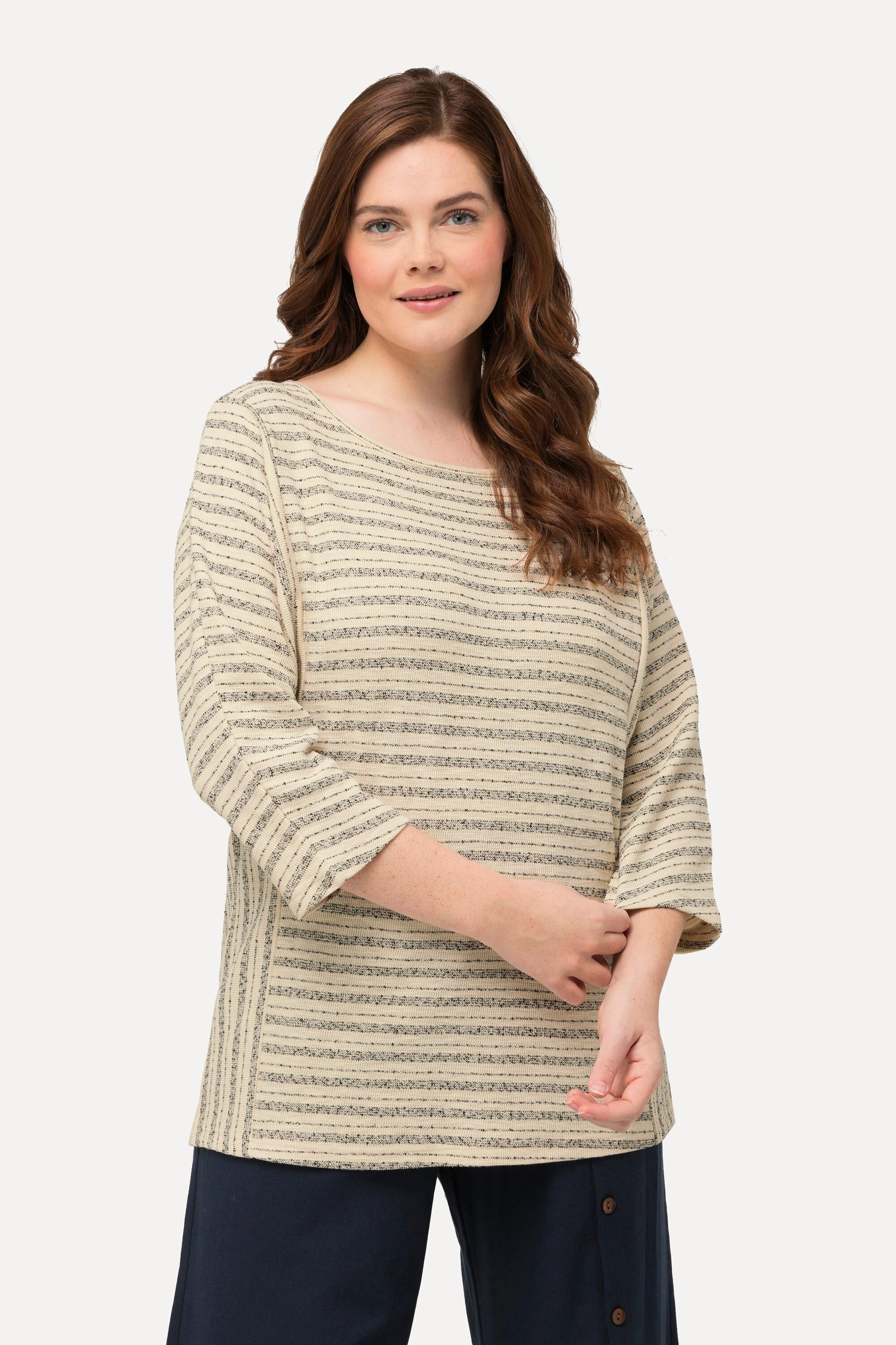 Ulla Popken  Sweatshirt, Streifen, Rundhals, 3/4-Arm, Biobaumwolle 