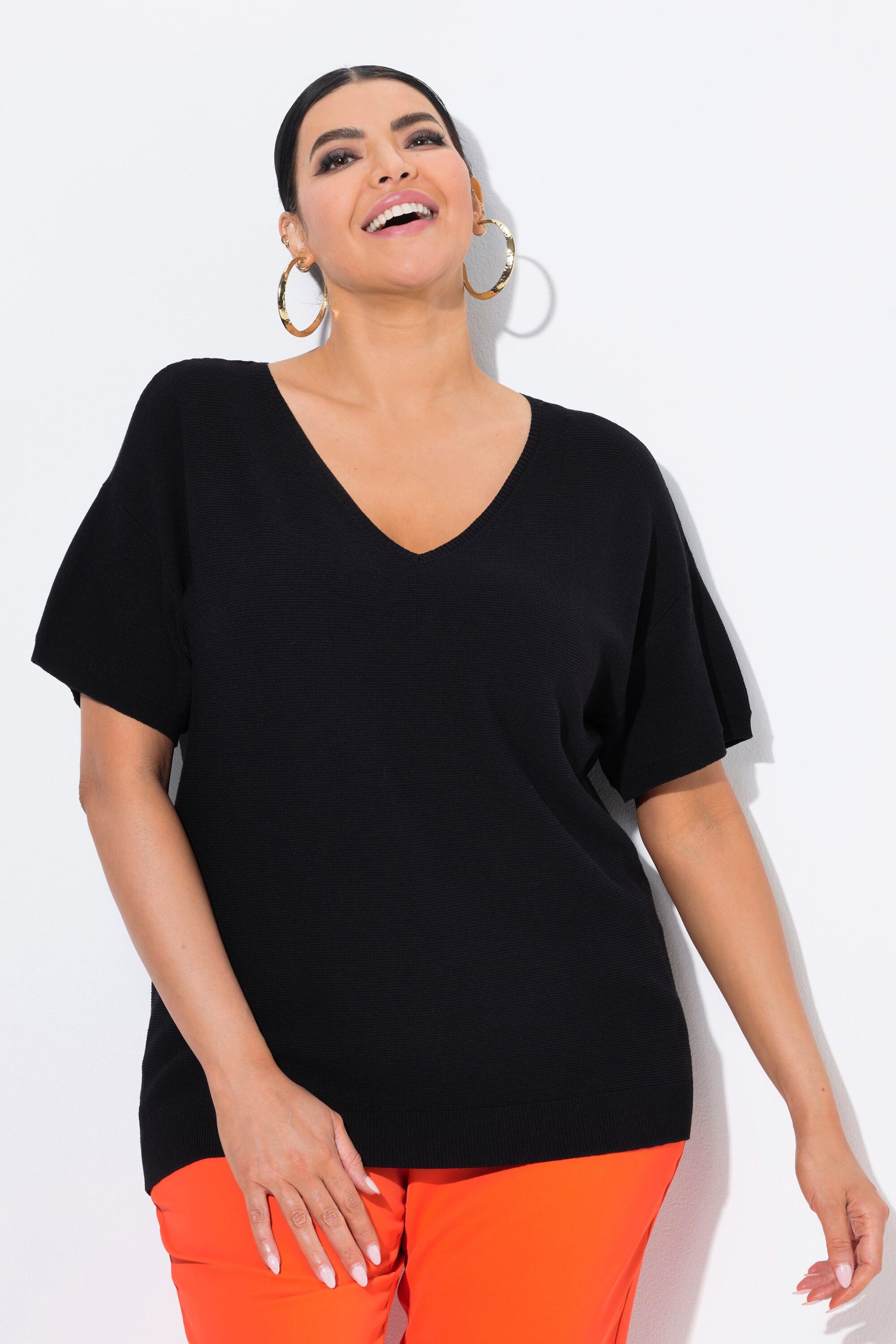 Ulla Popken Pull Côtelé Col en V Manches Courtes  