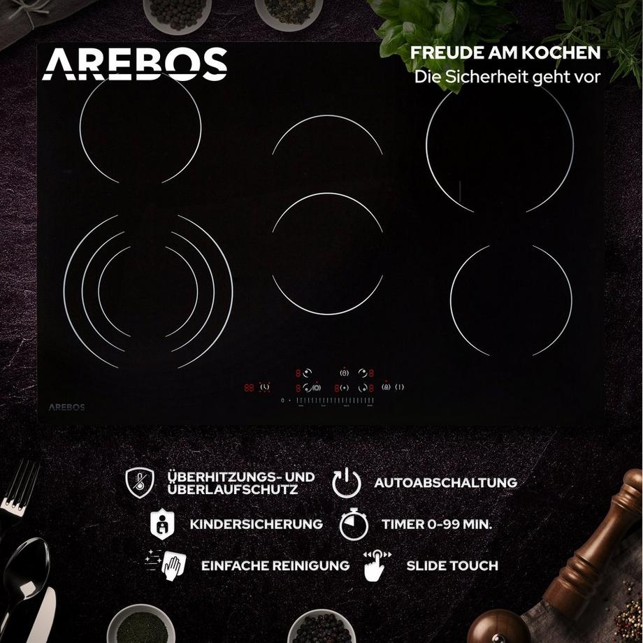 Arebos Glaskeramik Kochfeld 5 Kochplatten Sensor Touch 5 Zonen Kochfeld 8700 W  