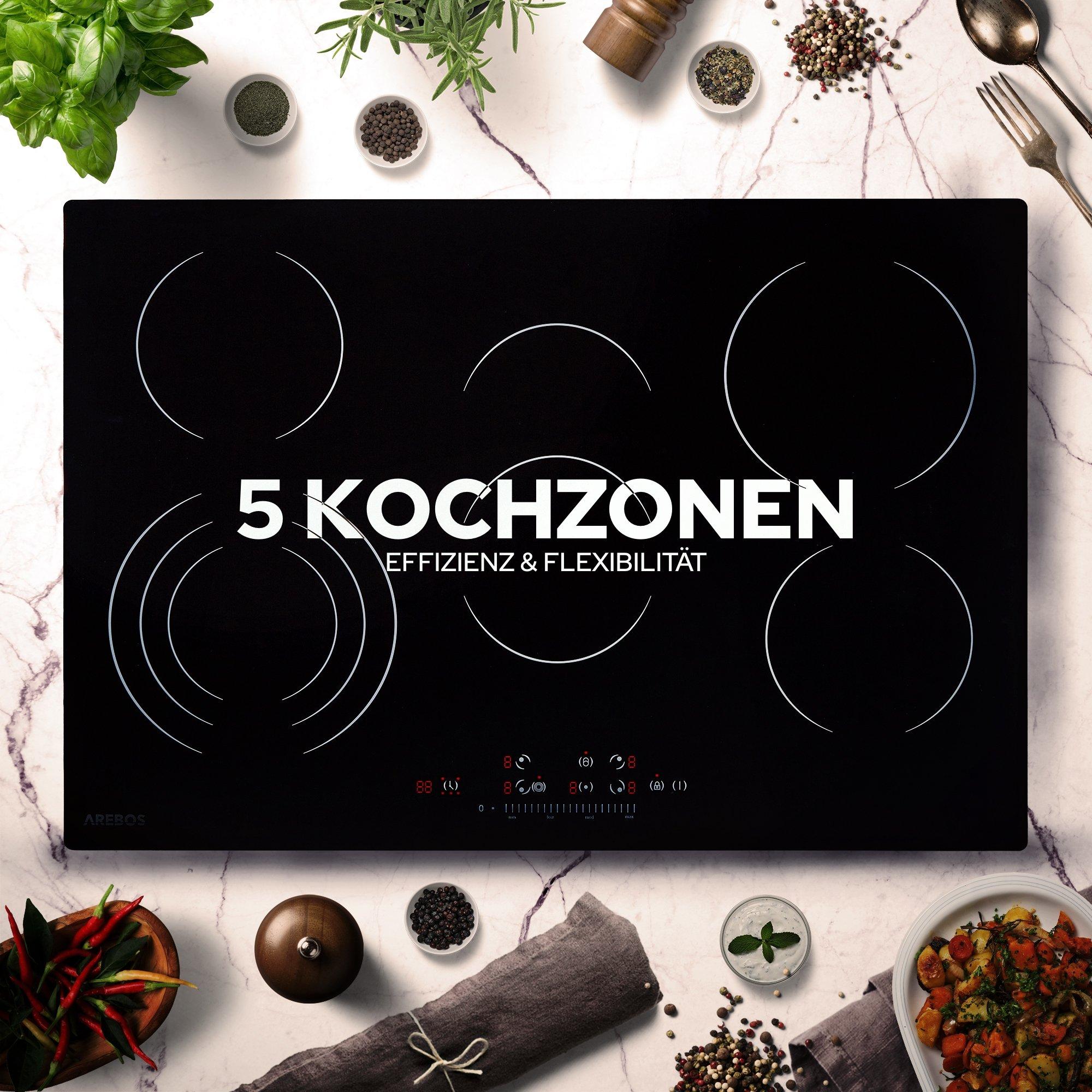 Arebos Glaskeramik Kochfeld 5 Kochplatten Sensor Touch 5 Zonen Kochfeld 8700 W  