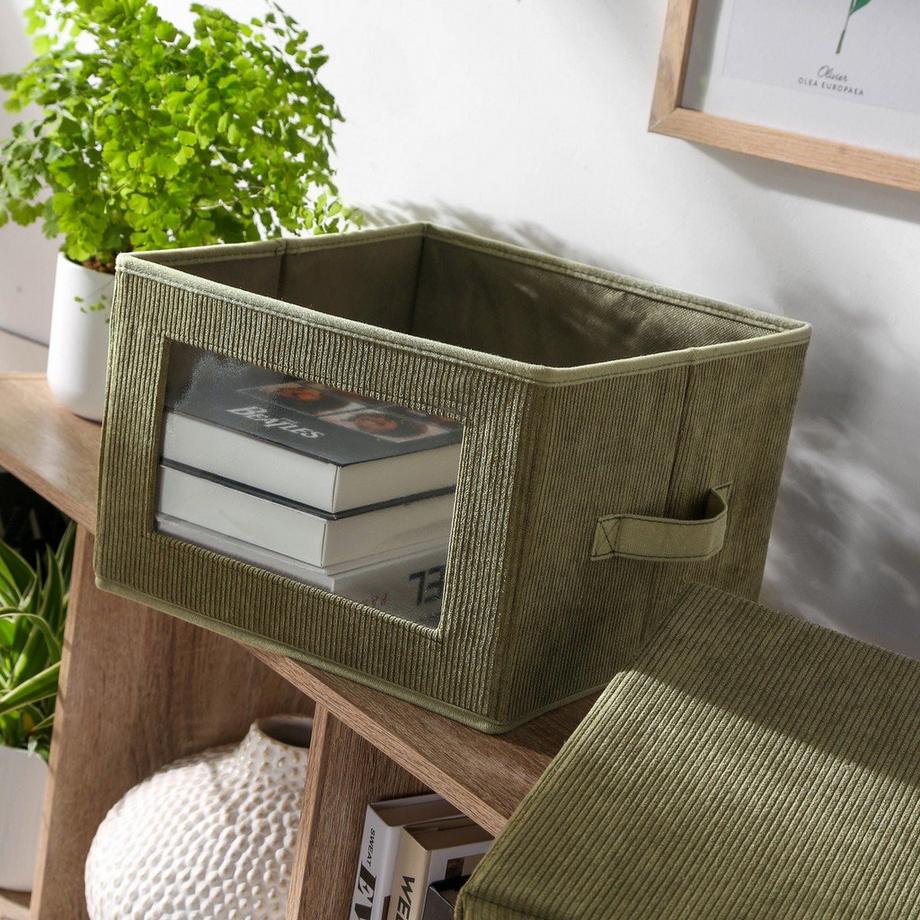 Calicosy Aufbewahrungsbox aus Kordstoff in Khaki mit transparentem Fenster - L40 cm  
