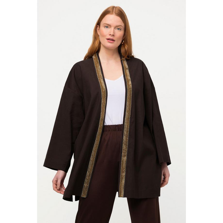 Ulla Popken Kimono-Jacke Schalkragen Leinenmix Perlenborte  
