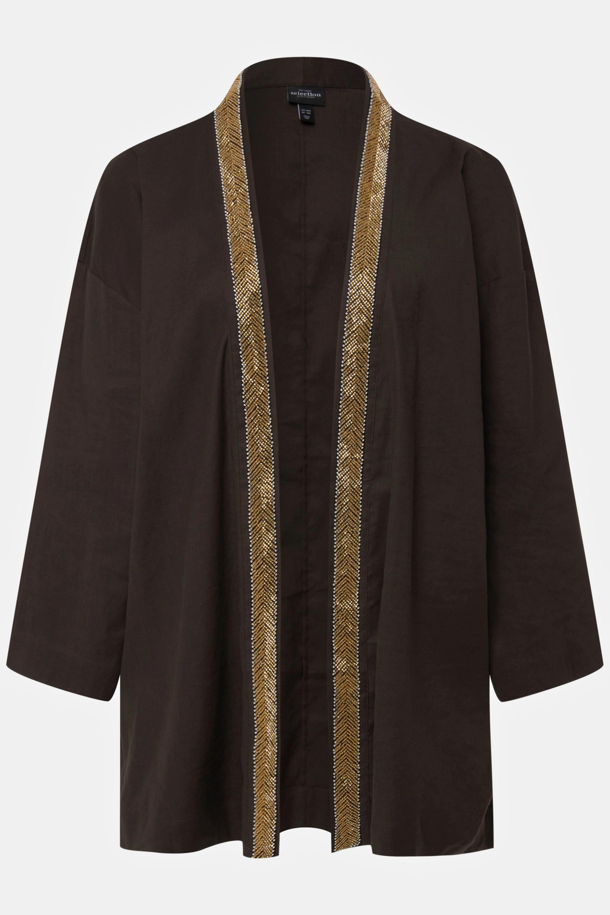 Ulla Popken  Veste kimono. Col châle. Lin mélangé. Galon en perles. 