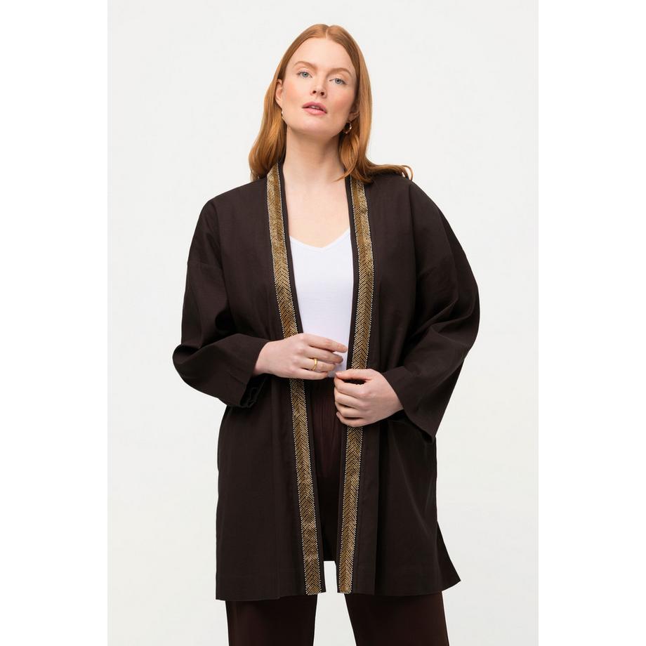 Ulla Popken Kimono-Jacke Schalkragen Leinenmix Perlenborte  