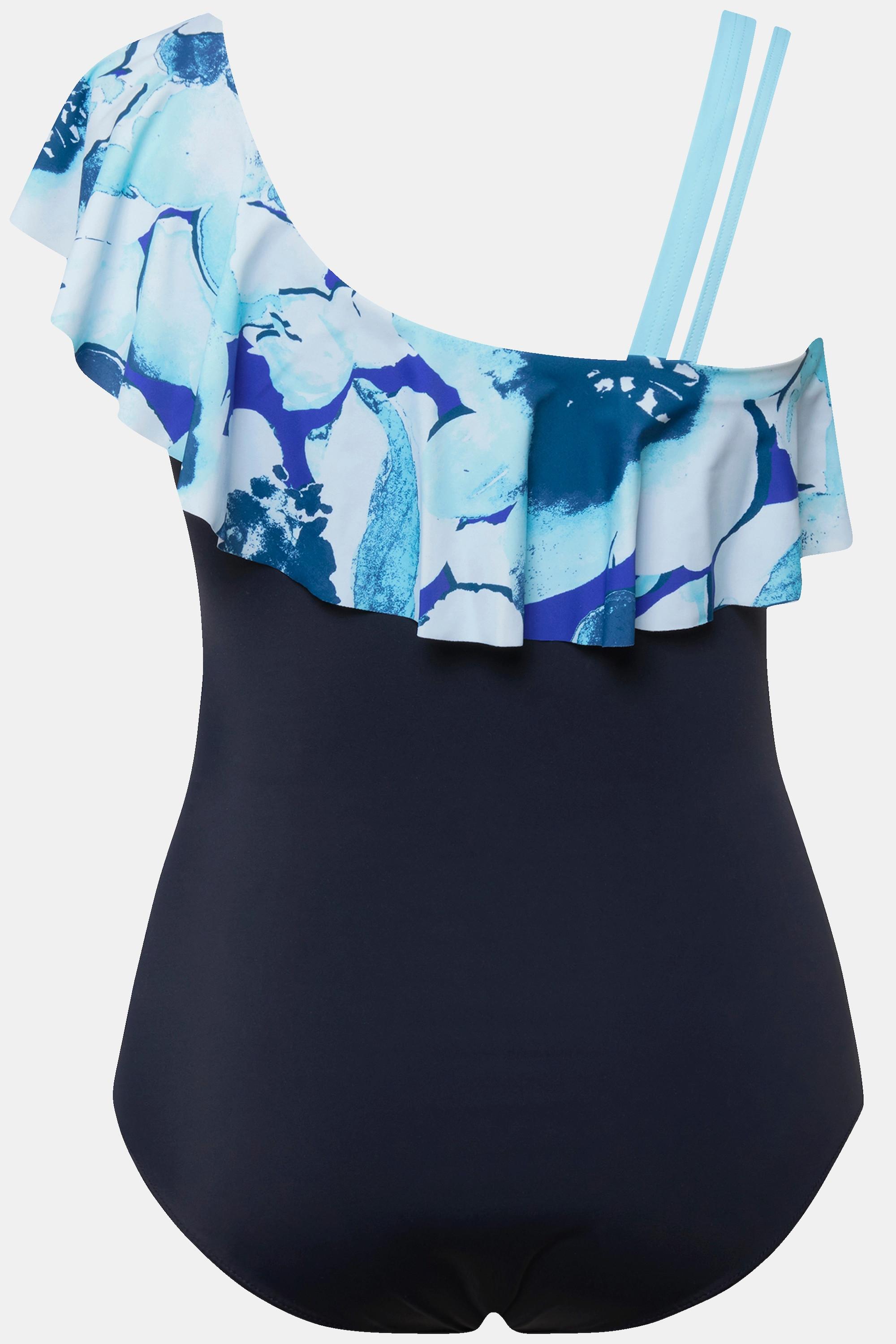 Ulla Popken  One-Shoulder-Badeanzug, Blüten, Softcups, Volant 