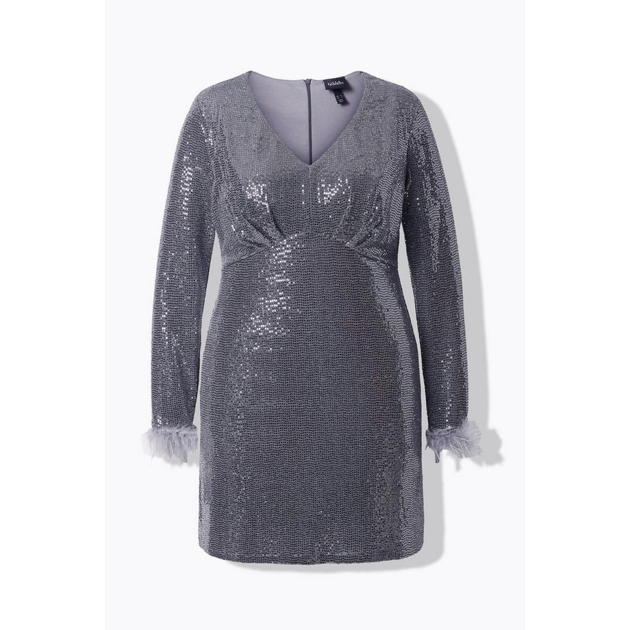 Ulla Popken Robe Bodycon Paillettes Col V Manches Longues avec Plumes  