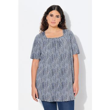 T-shirt long, motifs petits points, décolleté carré et manches courtes, coupe évasée