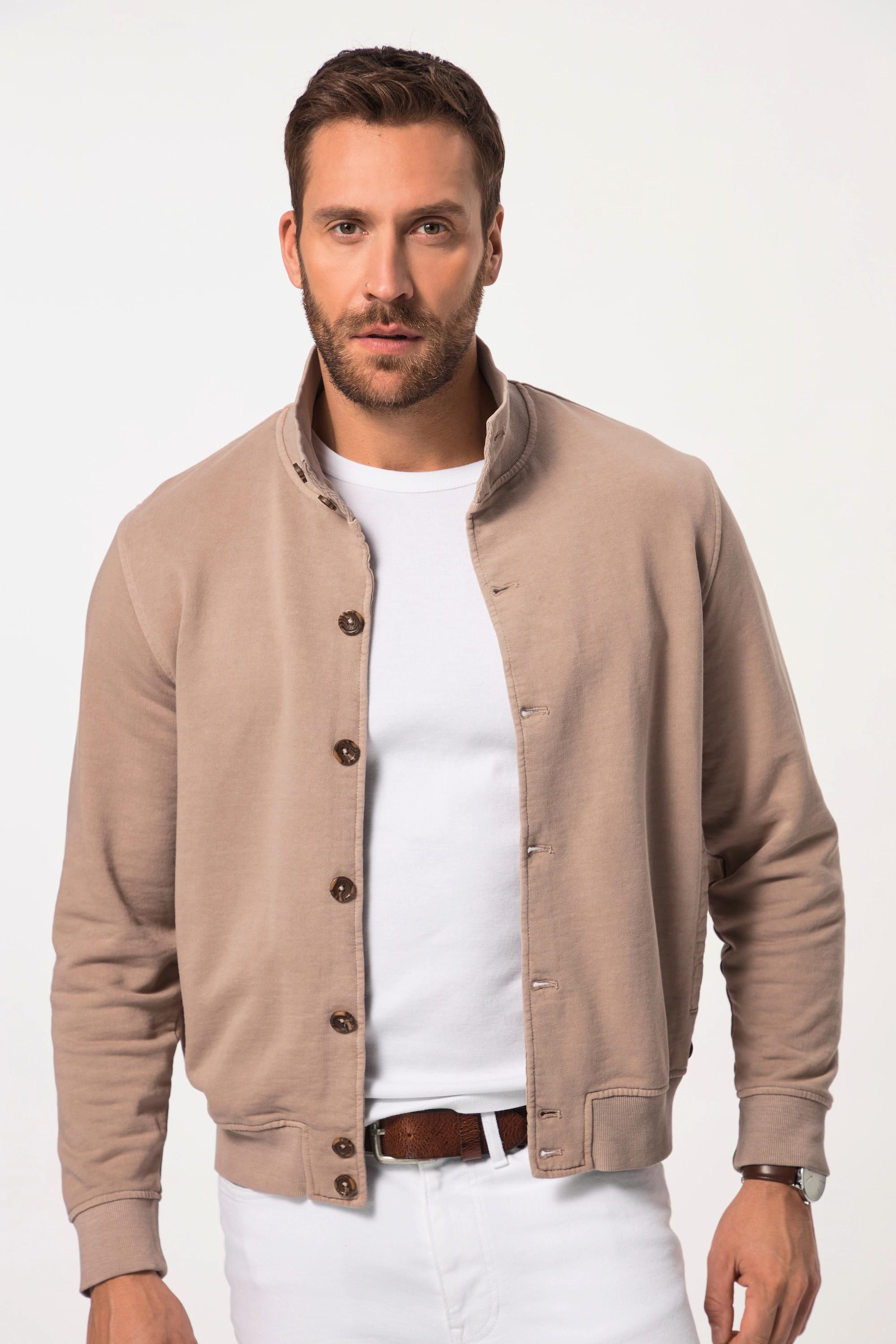 JP1880  Veste en molleton esprit vintage. Col montant et patte de boutonnage gris brun 