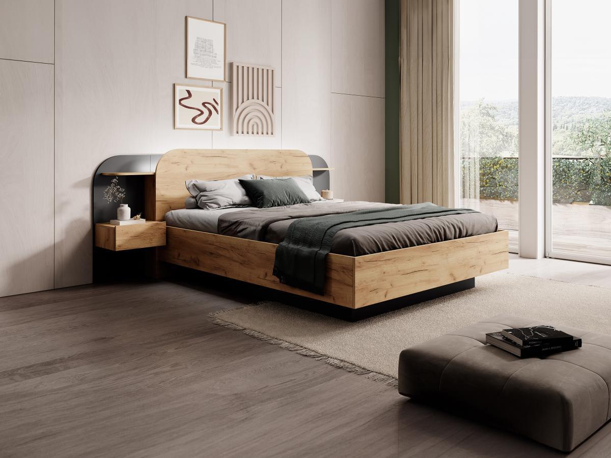 Vente-unique Letto con comodini 160 x 200 cm Con LED Naturale e Nero - JUVISIA  