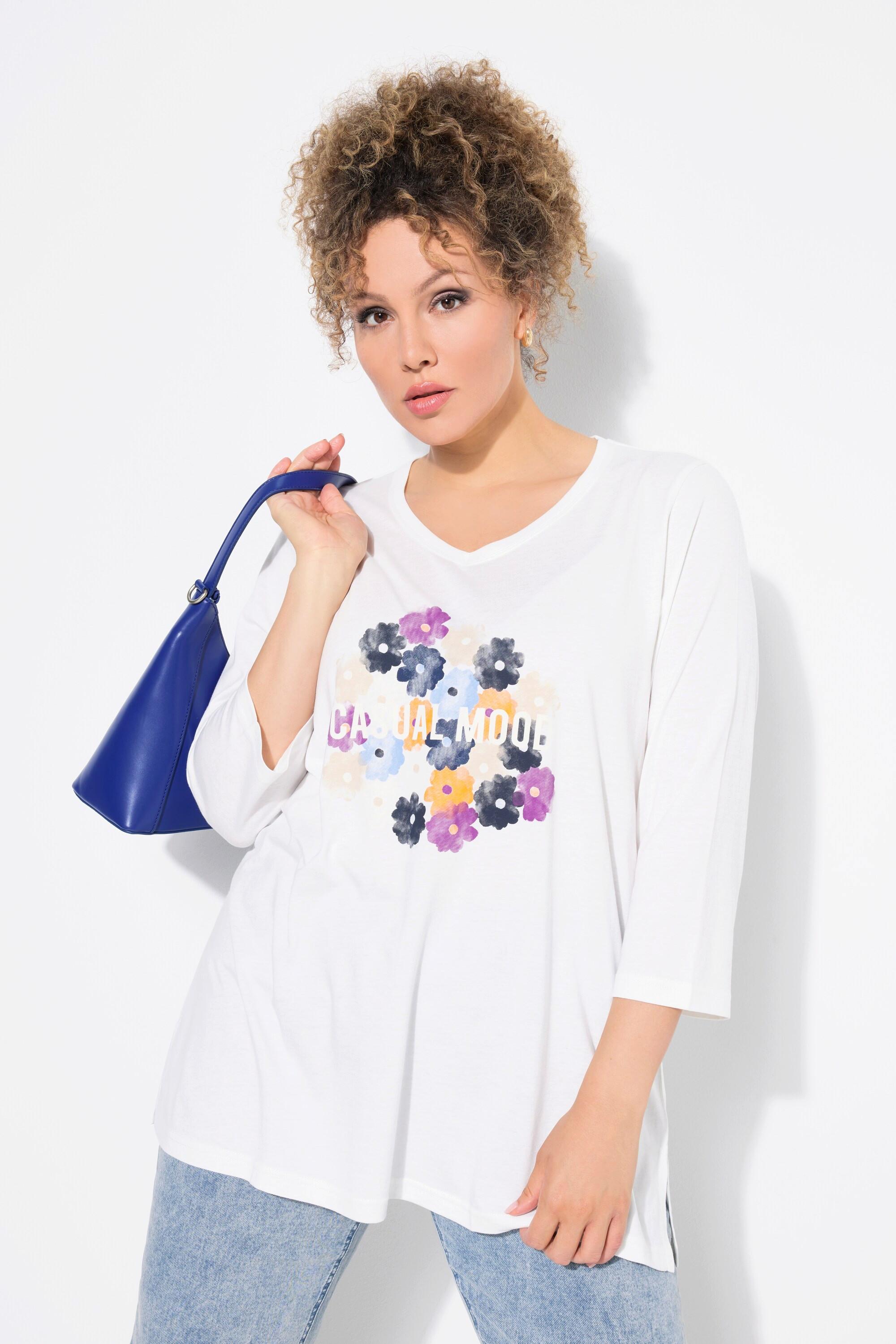 Ulla Popken  Shirt, Blüten, Classic, V-Ausschnitt, 3/4-Arm 