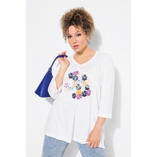 Ulla Popken  Shirt, Blüten, Classic, V-Ausschnitt, 3/4-Arm 