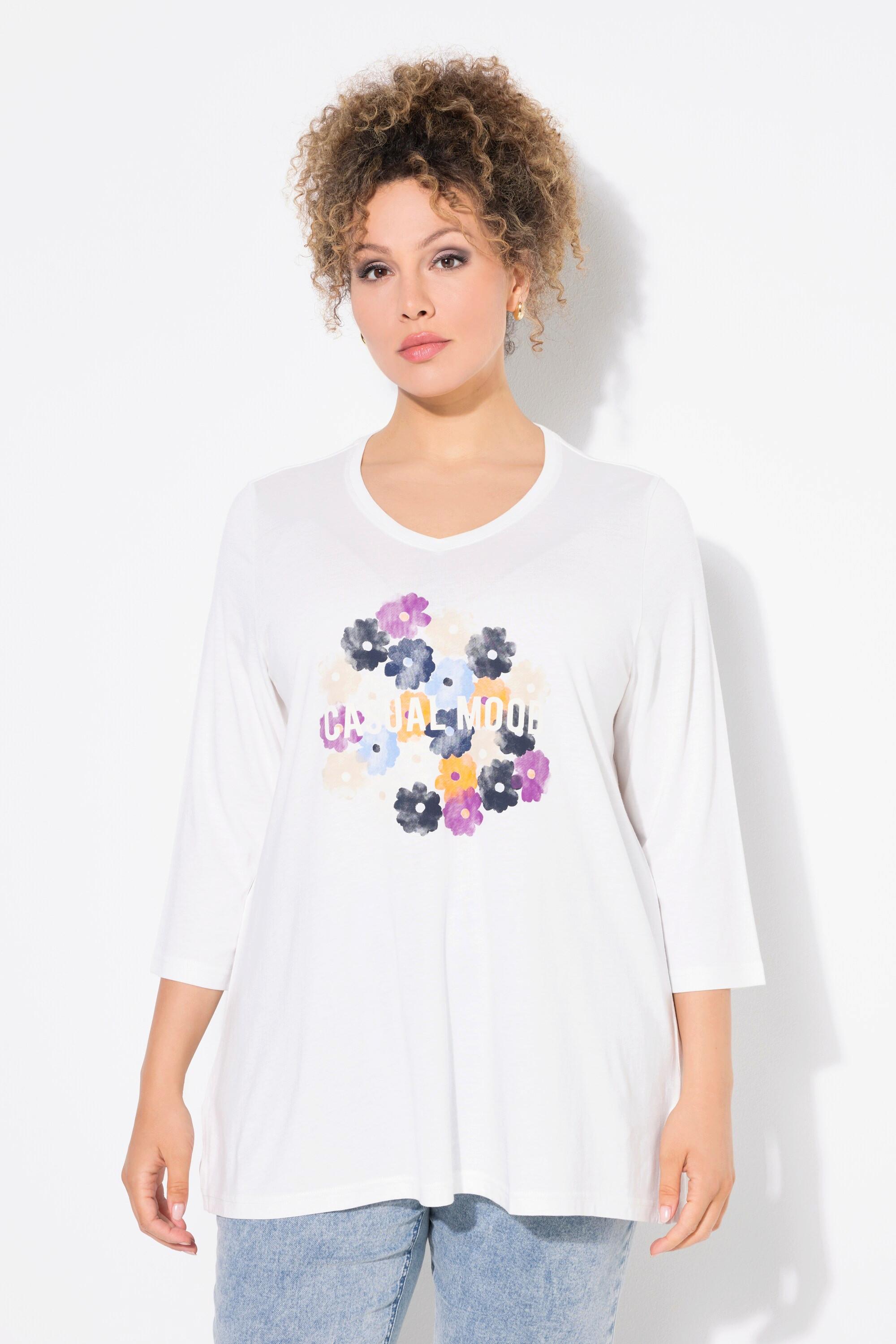 Ulla Popken  Shirt, Blüten, Classic, V-Ausschnitt, 3/4-Arm 