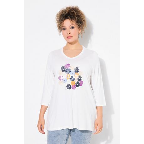 Ulla Popken  Shirt, Blüten, Classic, V-Ausschnitt, 3/4-Arm 