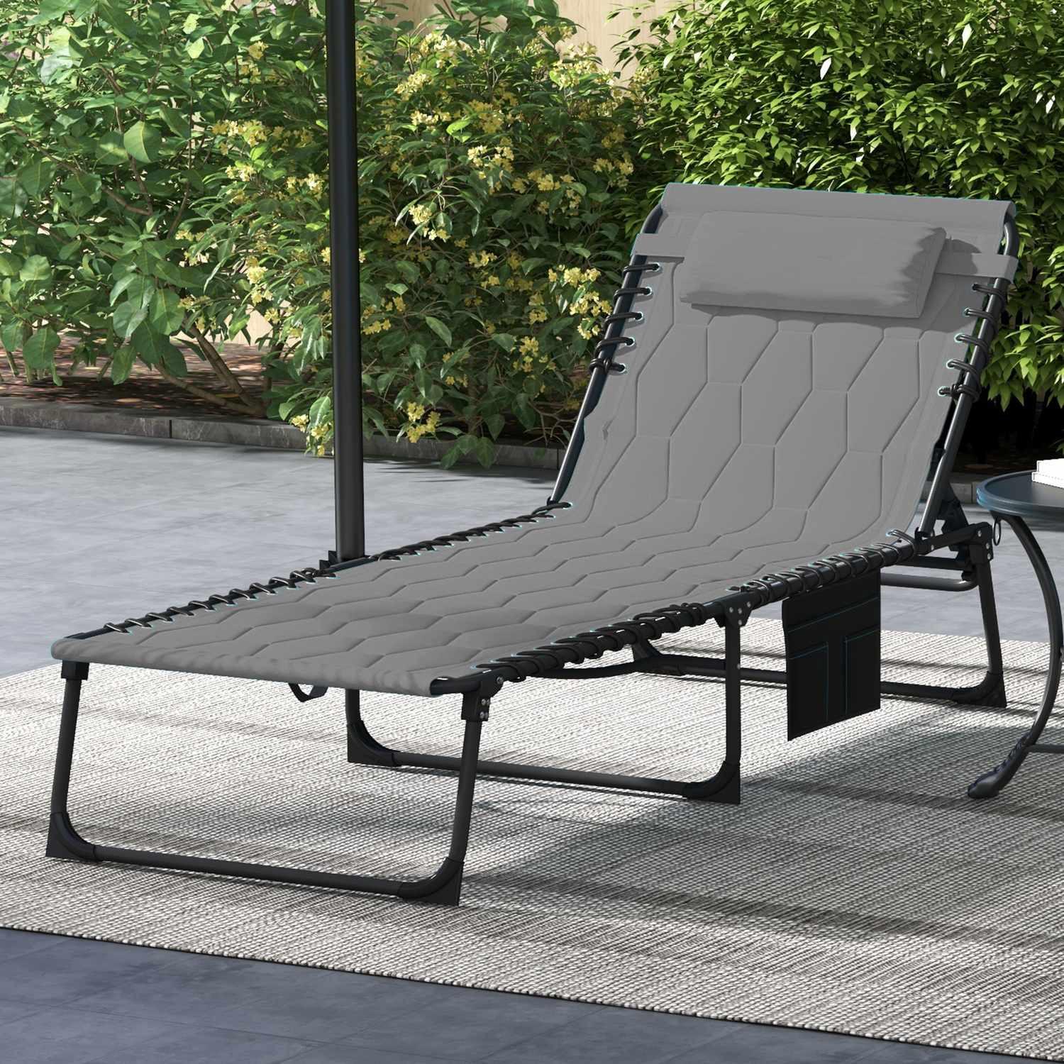 Northio Chaise longue de jardin pliante avec oreiller, chaise longue avec dossier réglable, poignée, avec poche latérale, Oxford, gris  