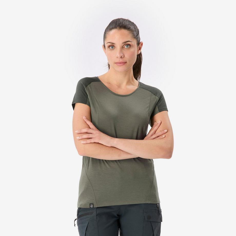 -Trekking-T-Shirt mit kurzen Ärmeln aus Merinowolle, Merino Resist khaki