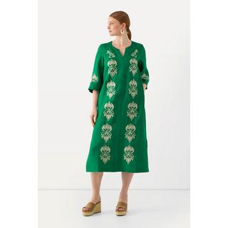 Ulla Popken  Leinen-Maxikleid, Stickerei, Tunika-Ausschnitt, 3/4-Arm 