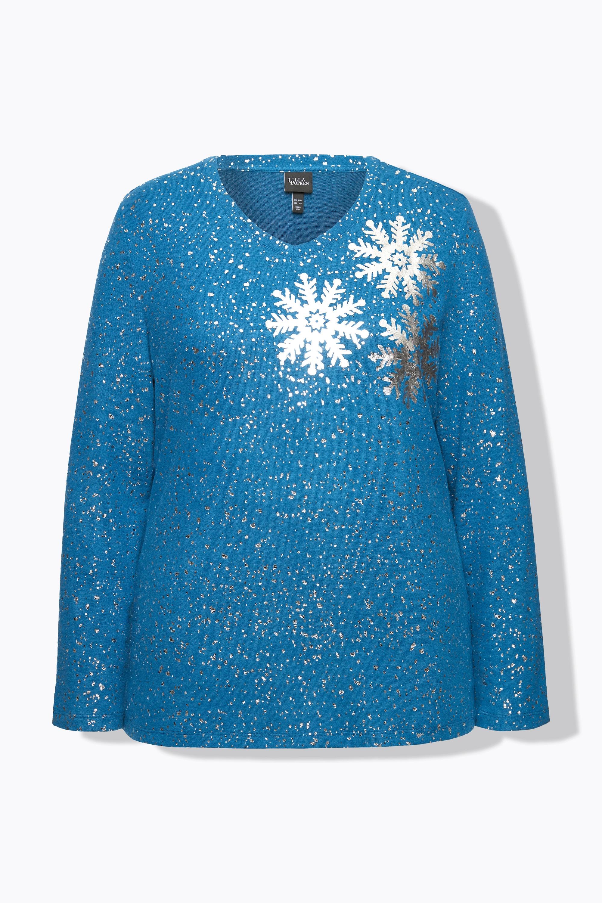 Ulla Popken  Sweat-shirt à col en V et manches longues, flocons de neige 