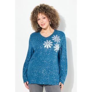 Ulla Popken  Sweat-shirt à col en V et manches longues, flocons de neige 