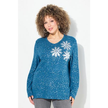 Ulla Popken  Sweat-shirt à col en V et manches longues, flocons de neige 