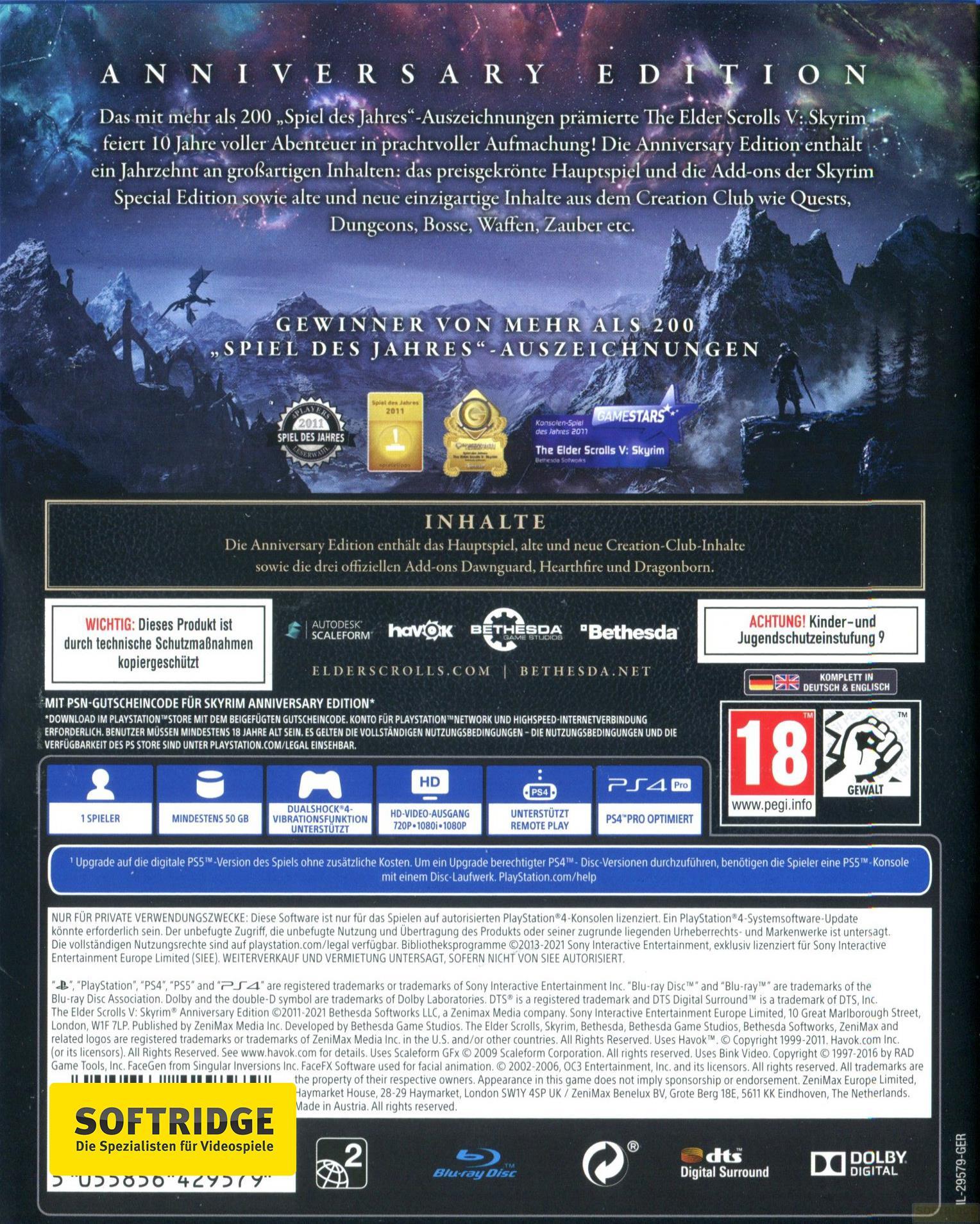 GAME  The Elder Scrolls V Skyrim Anniversary Edition Anniversaire Anglais, Allemand PlayStation 4 