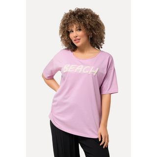 Ulla Popken  T-shirt dal taglio oversize con scritta in spugna, scollo a girocollo e mezze maniche 