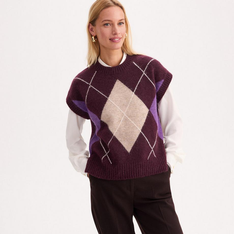 Pull sans manches carreaux argyles en 25% laine et 25% alpaga