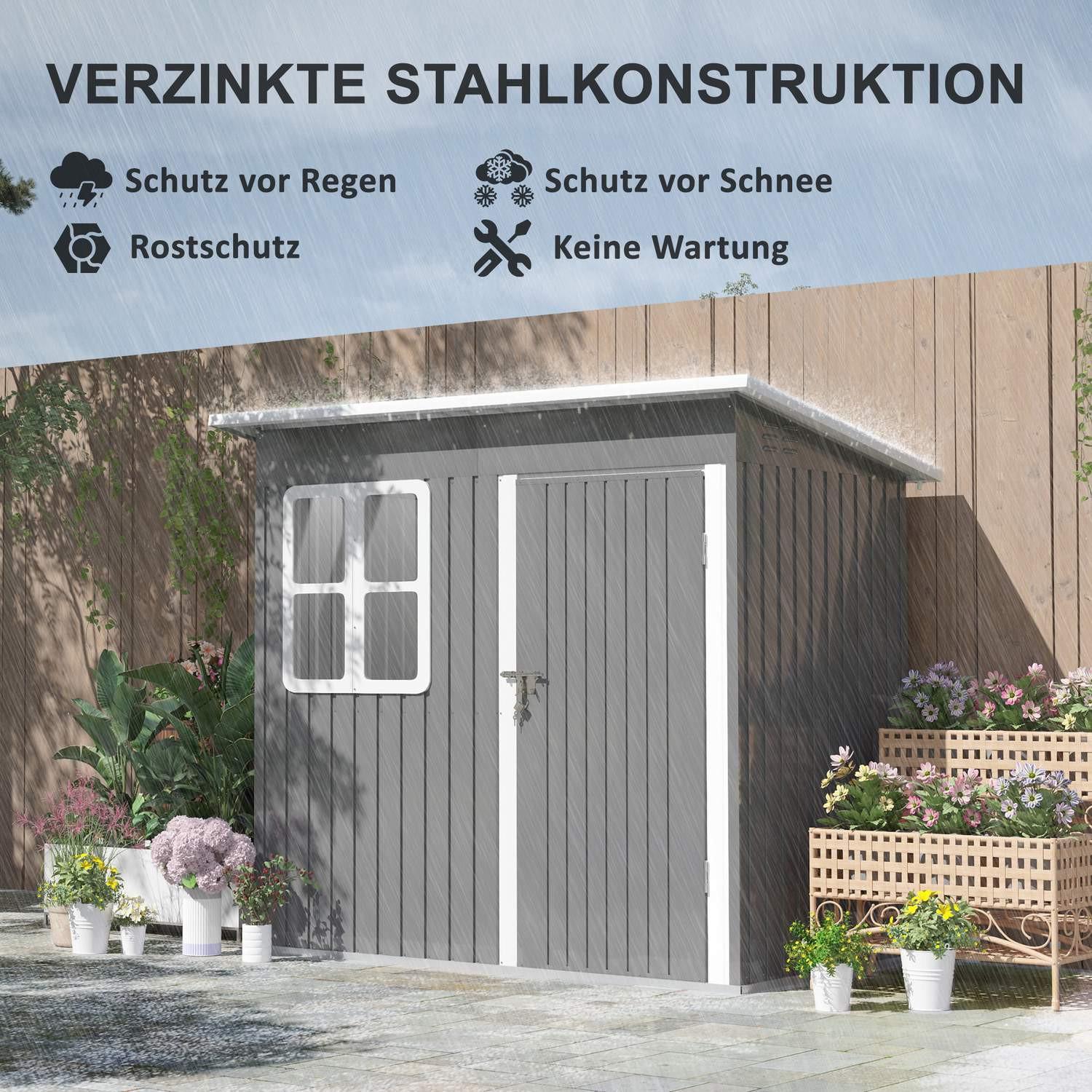 Northio Gerätehaus 2,55m², Gartenhaus mit Pultdach, 221 x 133 x 190/173 cm, Geräteschuppen mit Abschließbar Tür, Fenster, Fahrradgarage, Gartenschrank aus Stahl, für Hinterhof, Garten, Dunkelgrau  