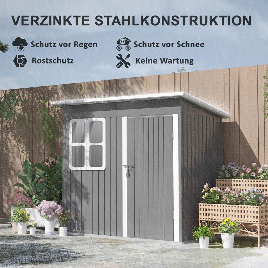 Northio Gerätehaus 2,55m², Gartenhaus mit Pultdach, 221 x 133 x 190/173 cm, Geräteschuppen mit Abschließbar Tür, Fenster, Fahrradgarage, Gartenschrank aus Stahl, für Hinterhof, Garten, Dunkelgrau  