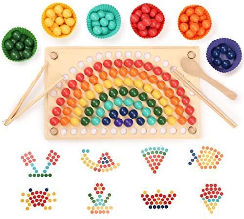 Activity-board  Jeu de perles arc-en-ciel, jeu de société de perles à pince en bois, planche de Puzzle, entraînement cérébral des mains et des yeux des enfants 