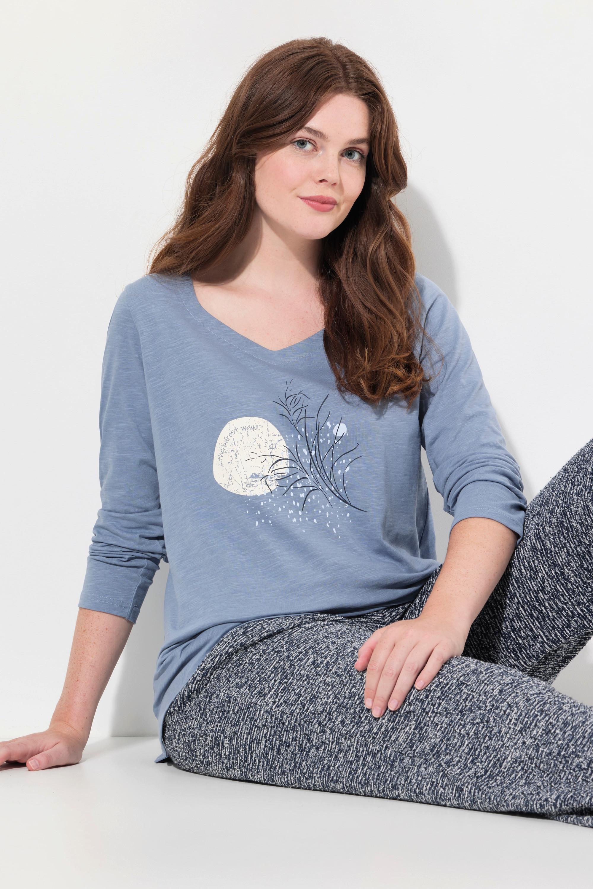 Ulla Popken  T-shirt, col en forme de cœur, manches longues, coton bio 