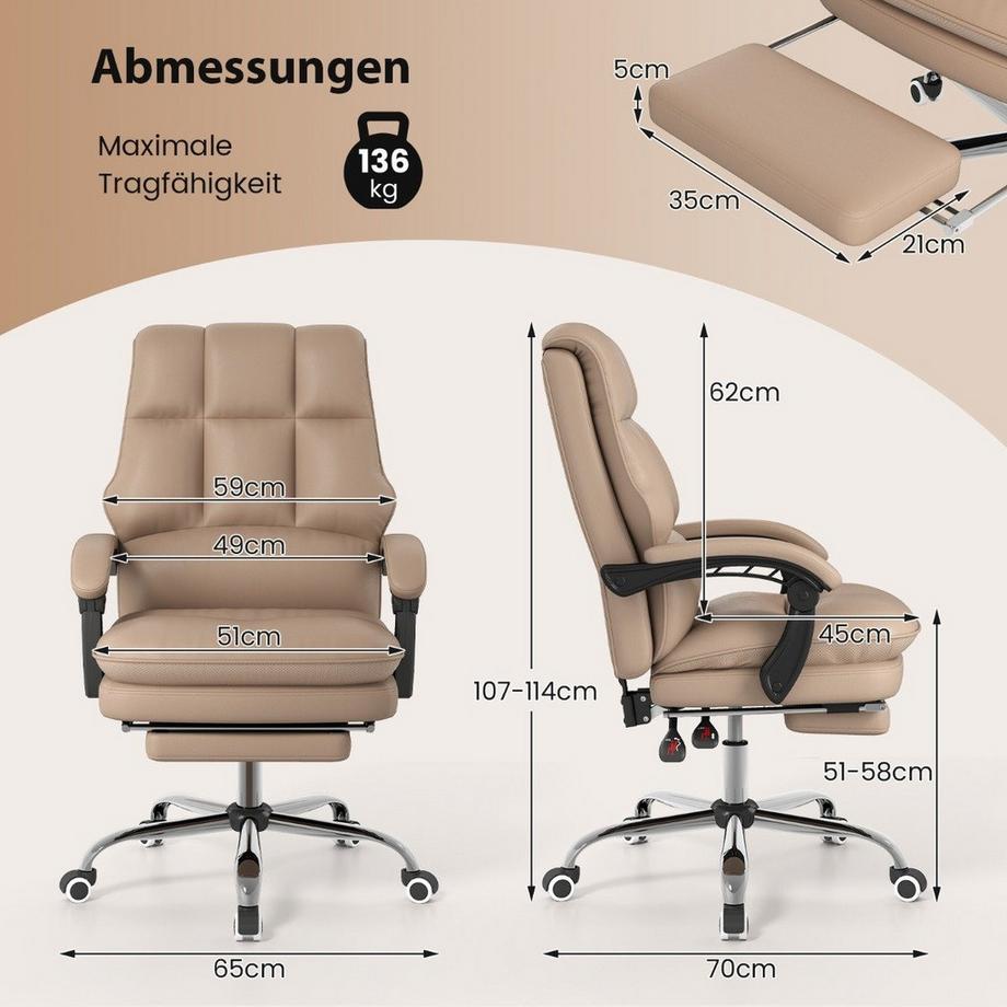 Northix Ergonomischer Bürostuhl mit Einziehbarer Fußstütze Chefsessel Schreibtischstuhl Kaffee  