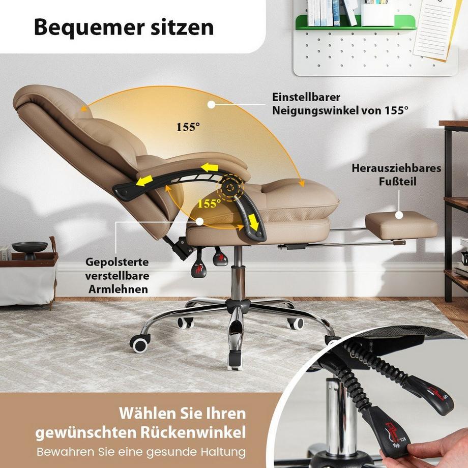 Northix Ergonomischer Bürostuhl mit Einziehbarer Fußstütze Chefsessel Schreibtischstuhl Kaffee  