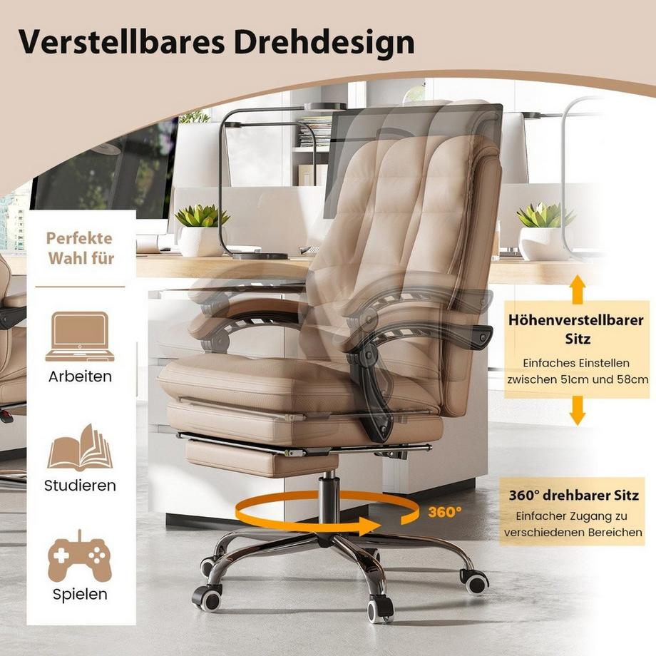 Northix Ergonomischer Bürostuhl mit Einziehbarer Fußstütze Chefsessel Schreibtischstuhl Kaffee  